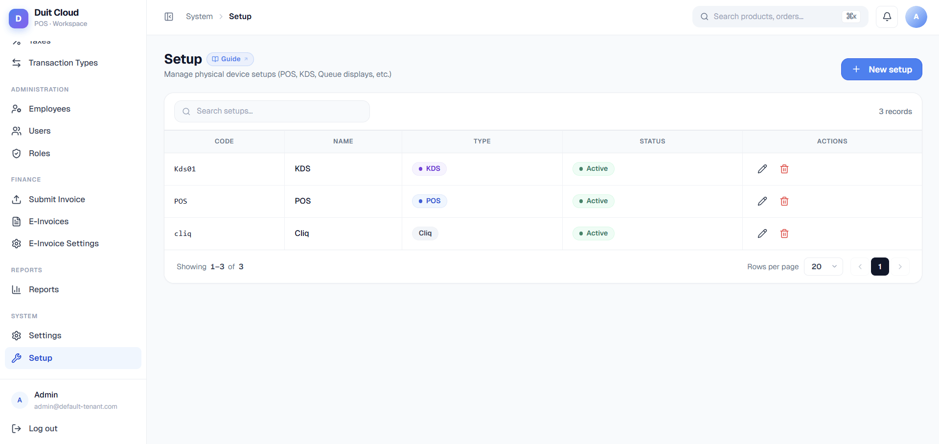 Device Setup list showing POS and KDS profiles with their setup codes