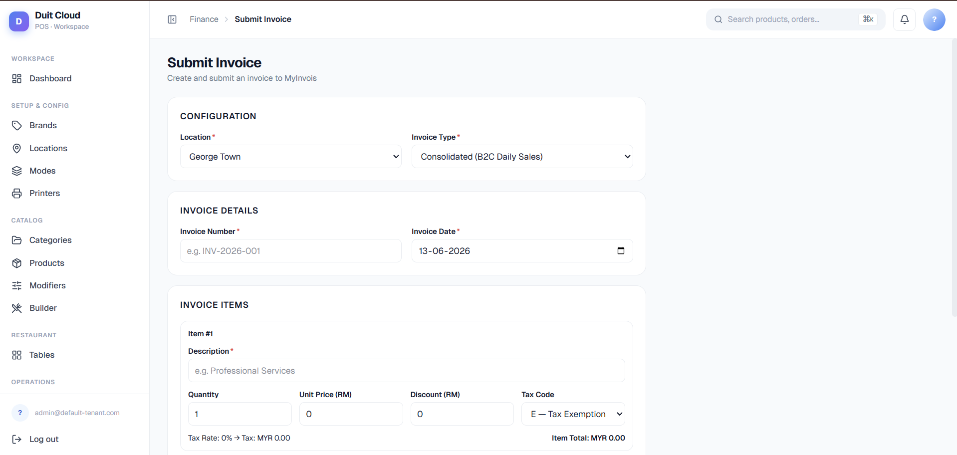 Submit Invoice form showing configuration, buyer information, invoice items, and summary sections