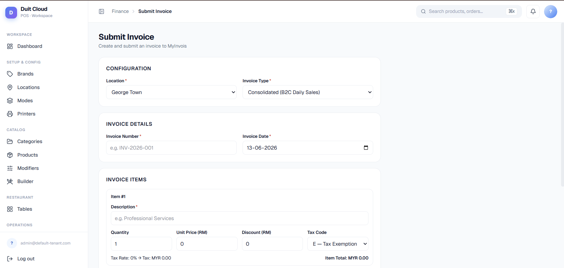 Submit Invoice form showing configuration, buyer information, invoice items, and summary sections