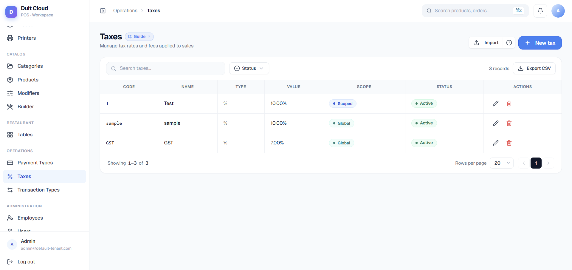 Tax list screen showing SST, Service Charge, and location-specific overrides