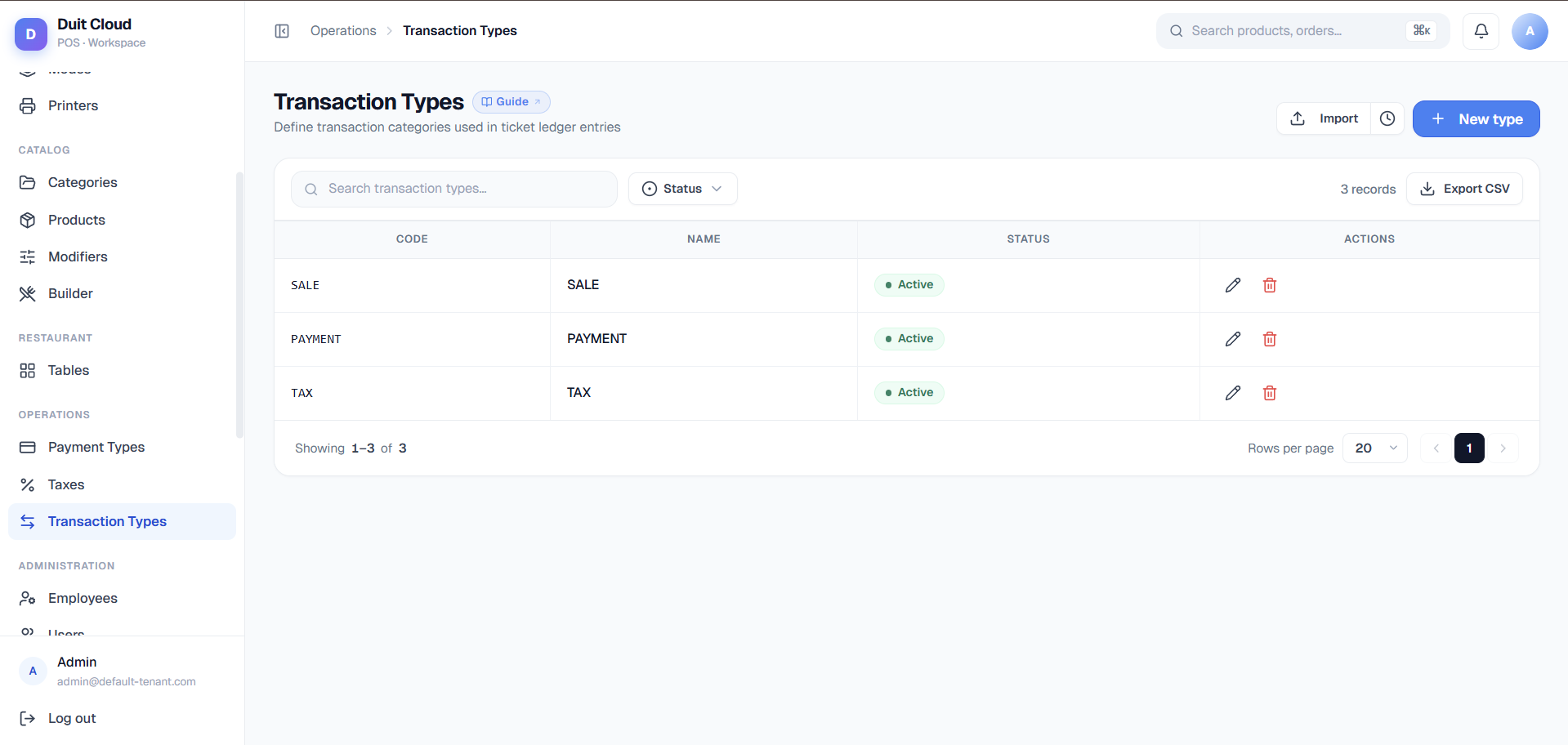 Transaction Types list screen showing default Sale, Tax, Discount, Void, and Refund types