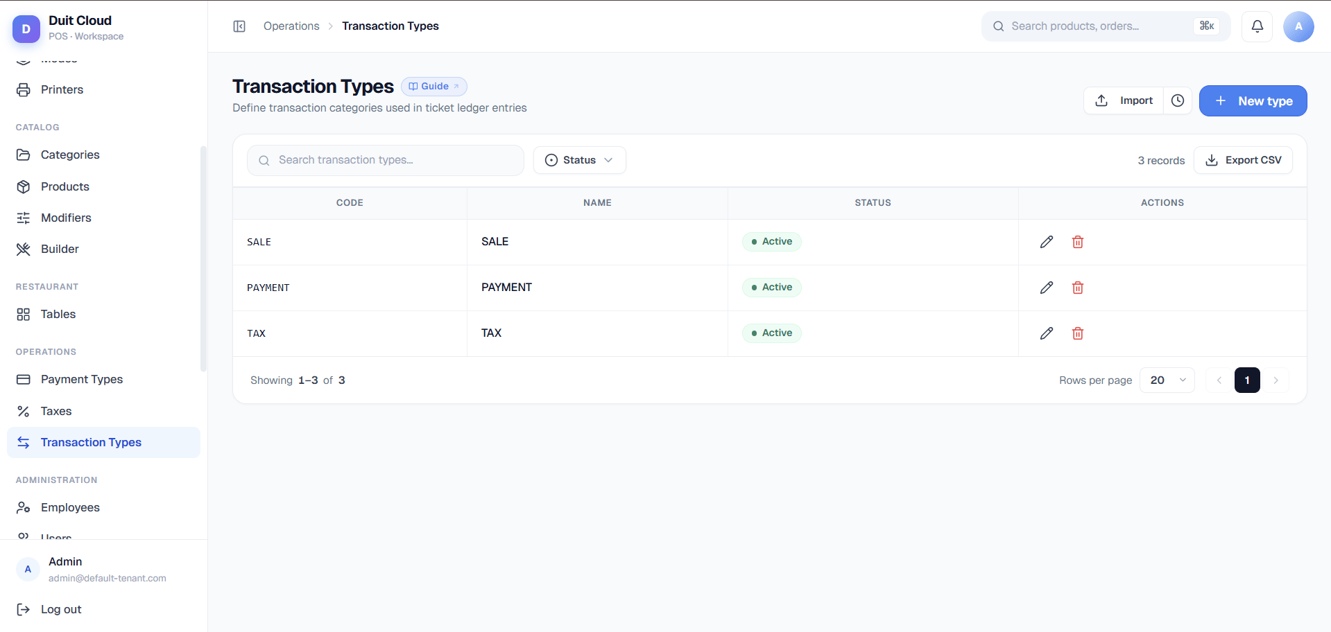 Transaction Types list screen showing default Sale, Tax, Discount, Void, and Refund types
