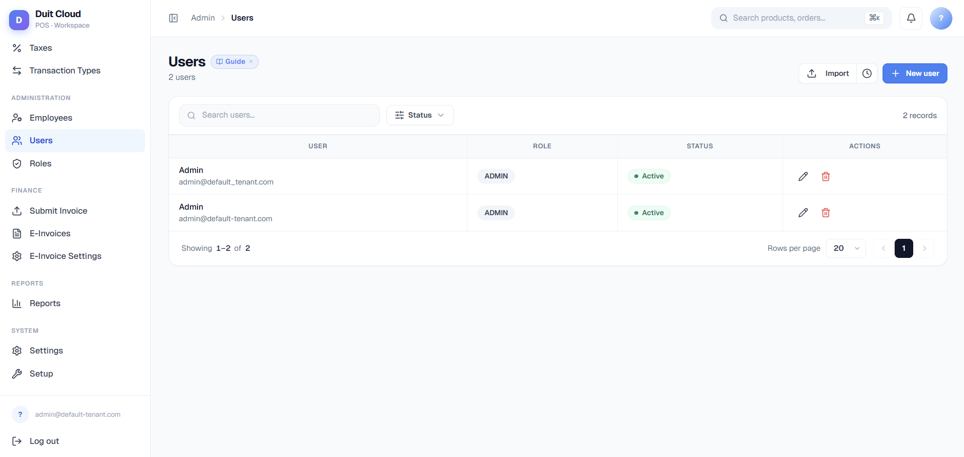 Users and Roles management interface