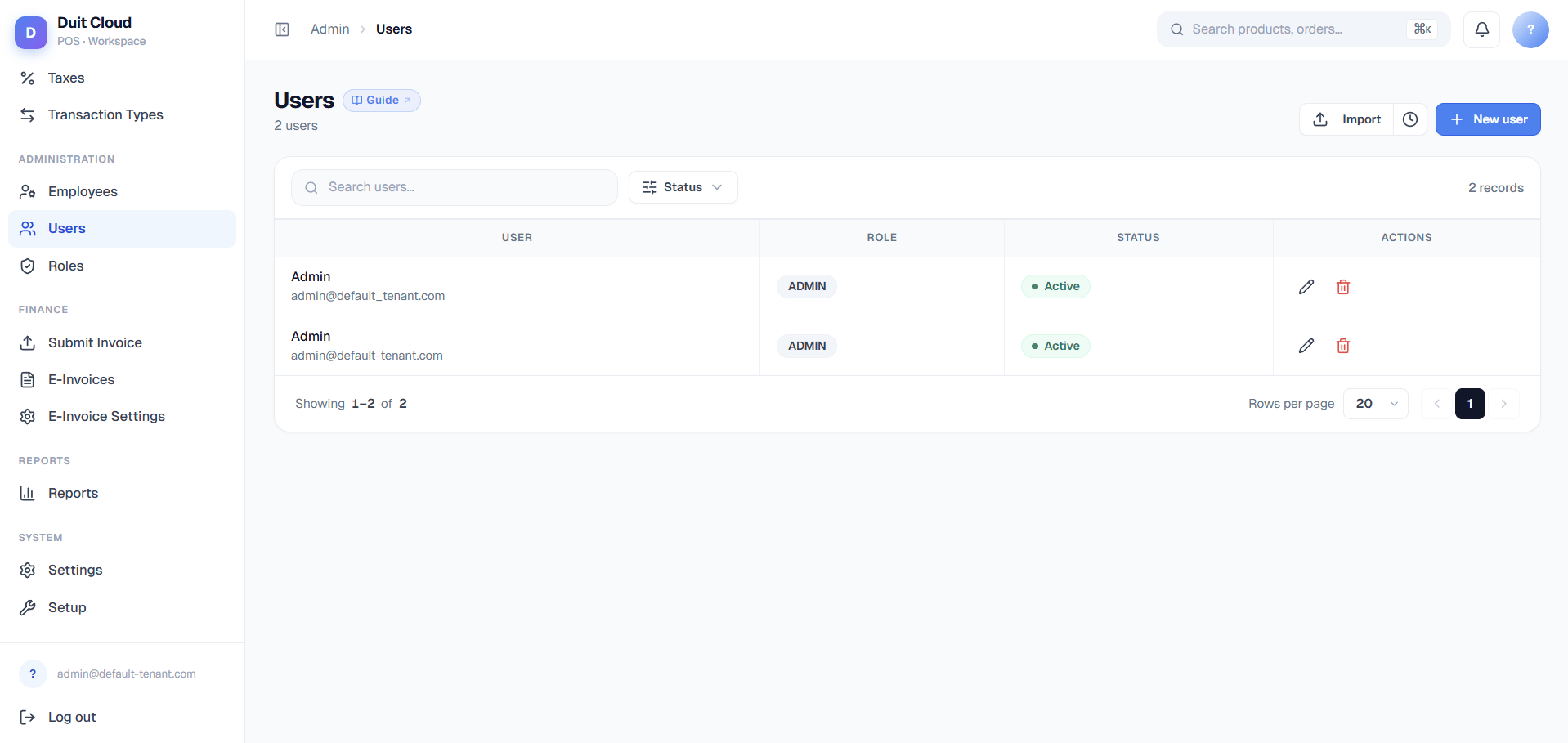 Users and Roles management interface