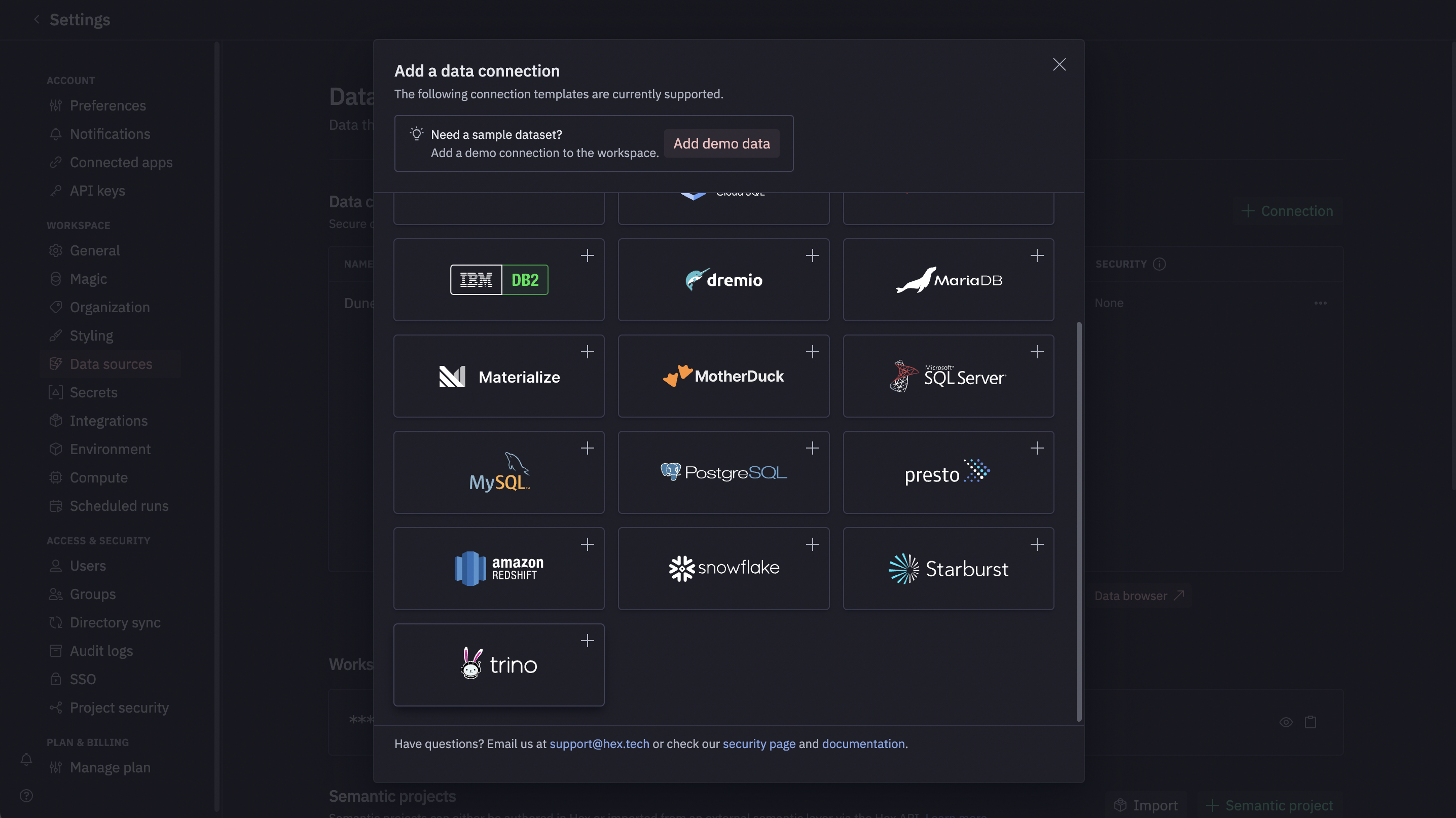 Hex step 2: Add connection and choose Trino