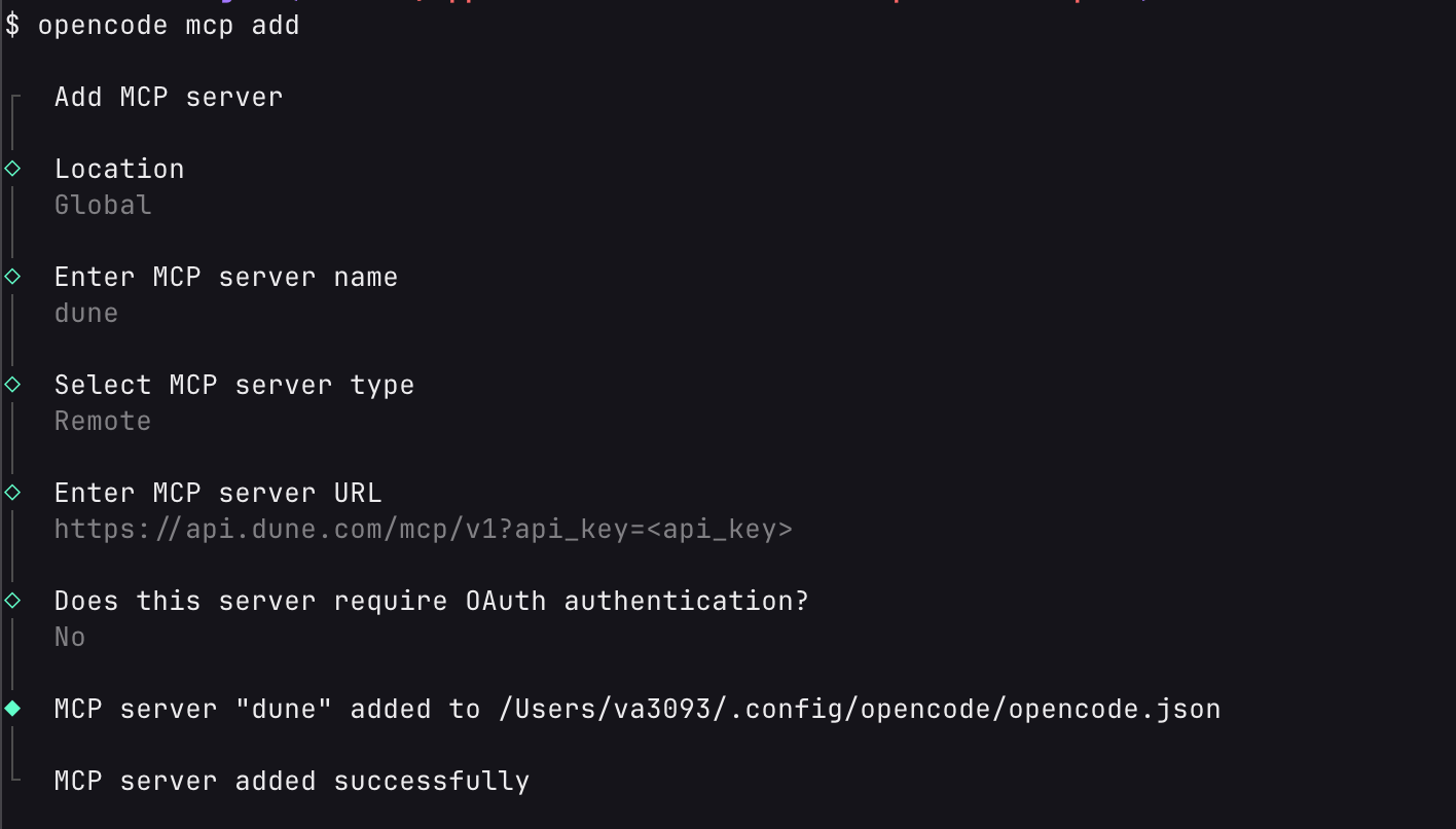 Connect opencode to Dune MCP