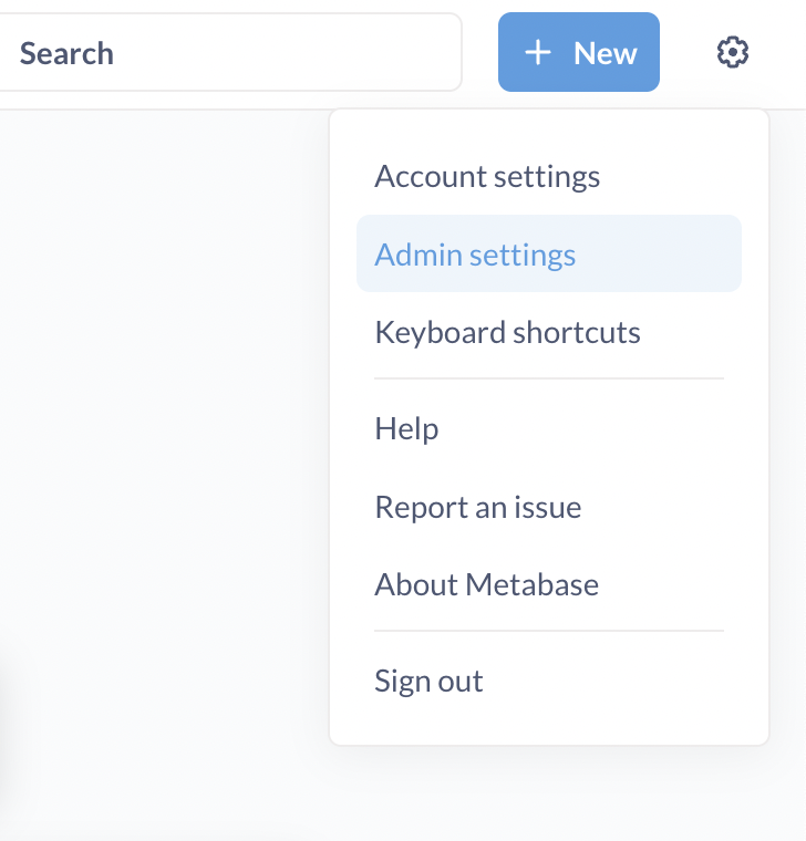 Metabase step 1: Open Admin settings