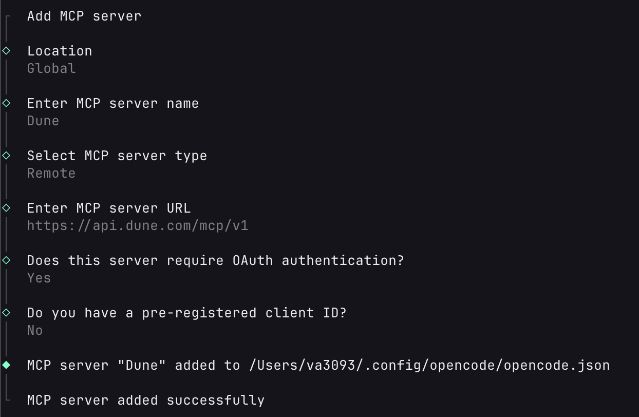Connect opencode to Dune MCP