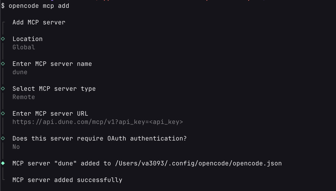 Connect opencode to Dune MCP