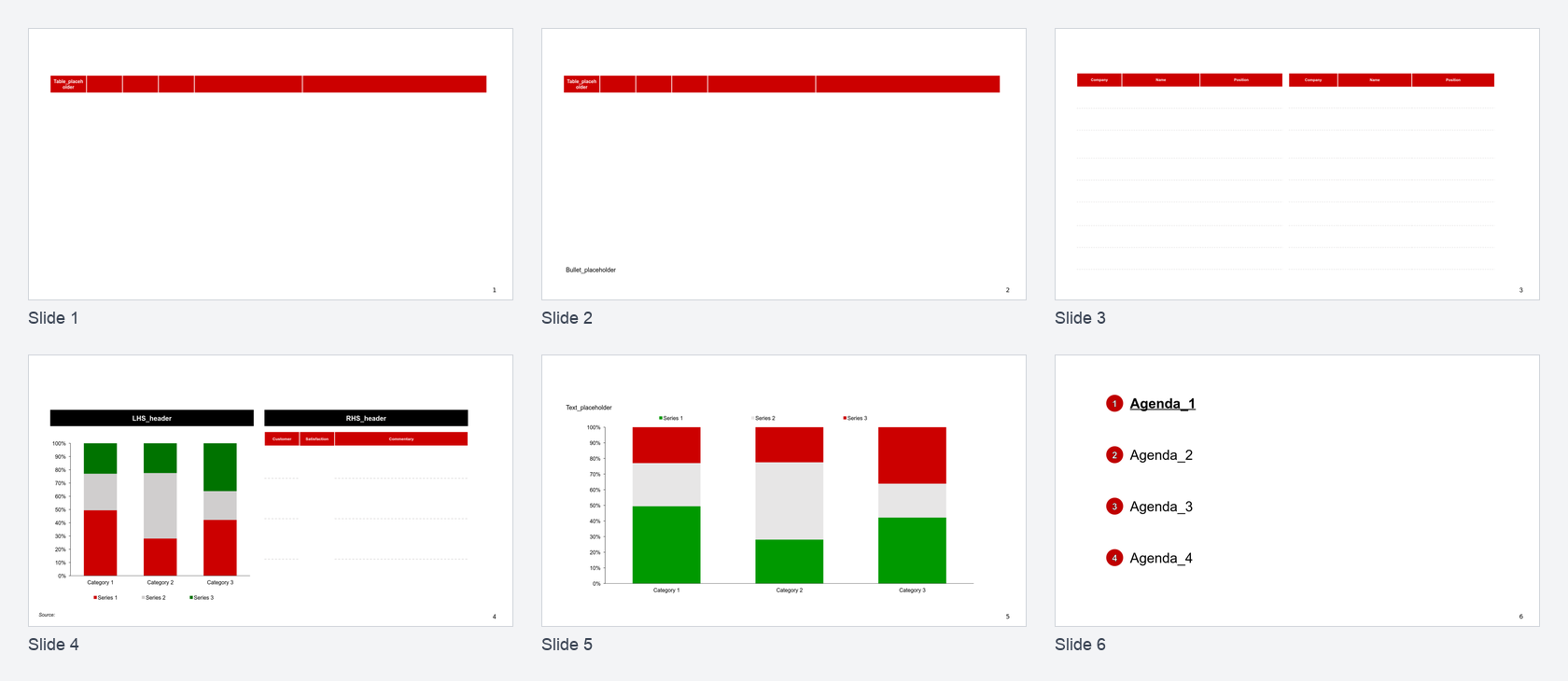 Thumbnail grid of six PowerPoint template slides: table, table plus text, logo table, chart plus table, single chart, and agenda layouts.