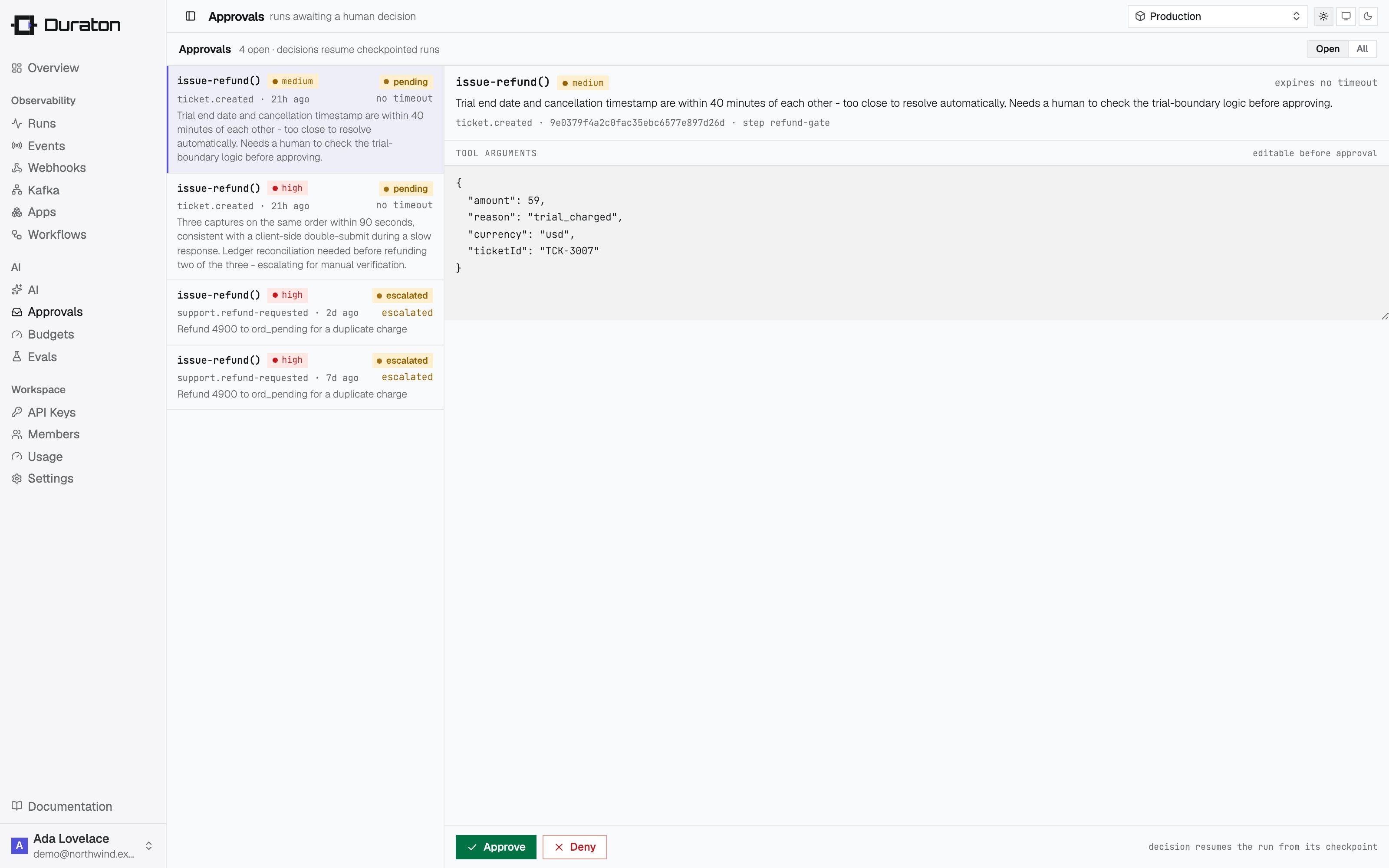 An approval awaiting a human decision in the console
