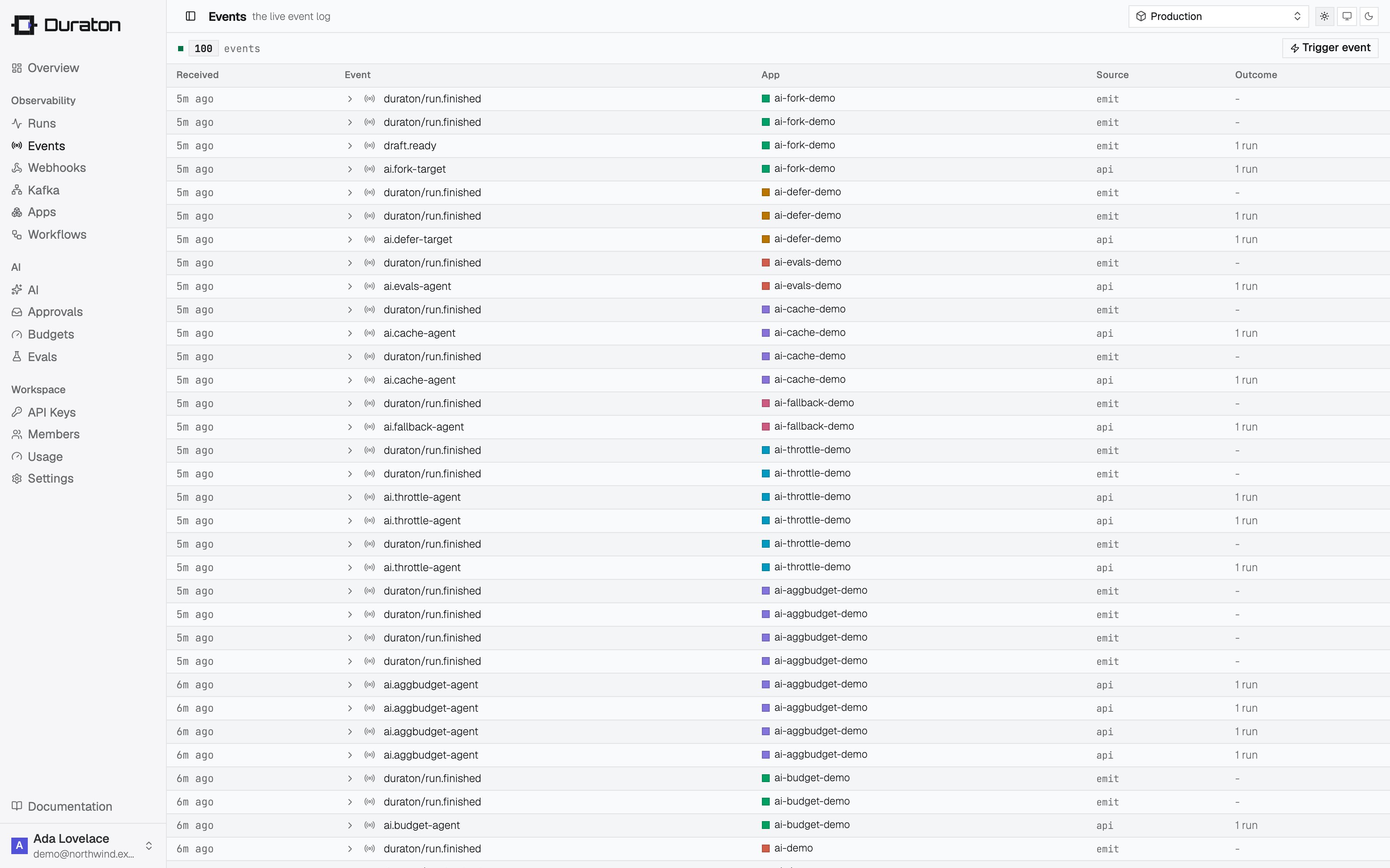 The live event log in the console