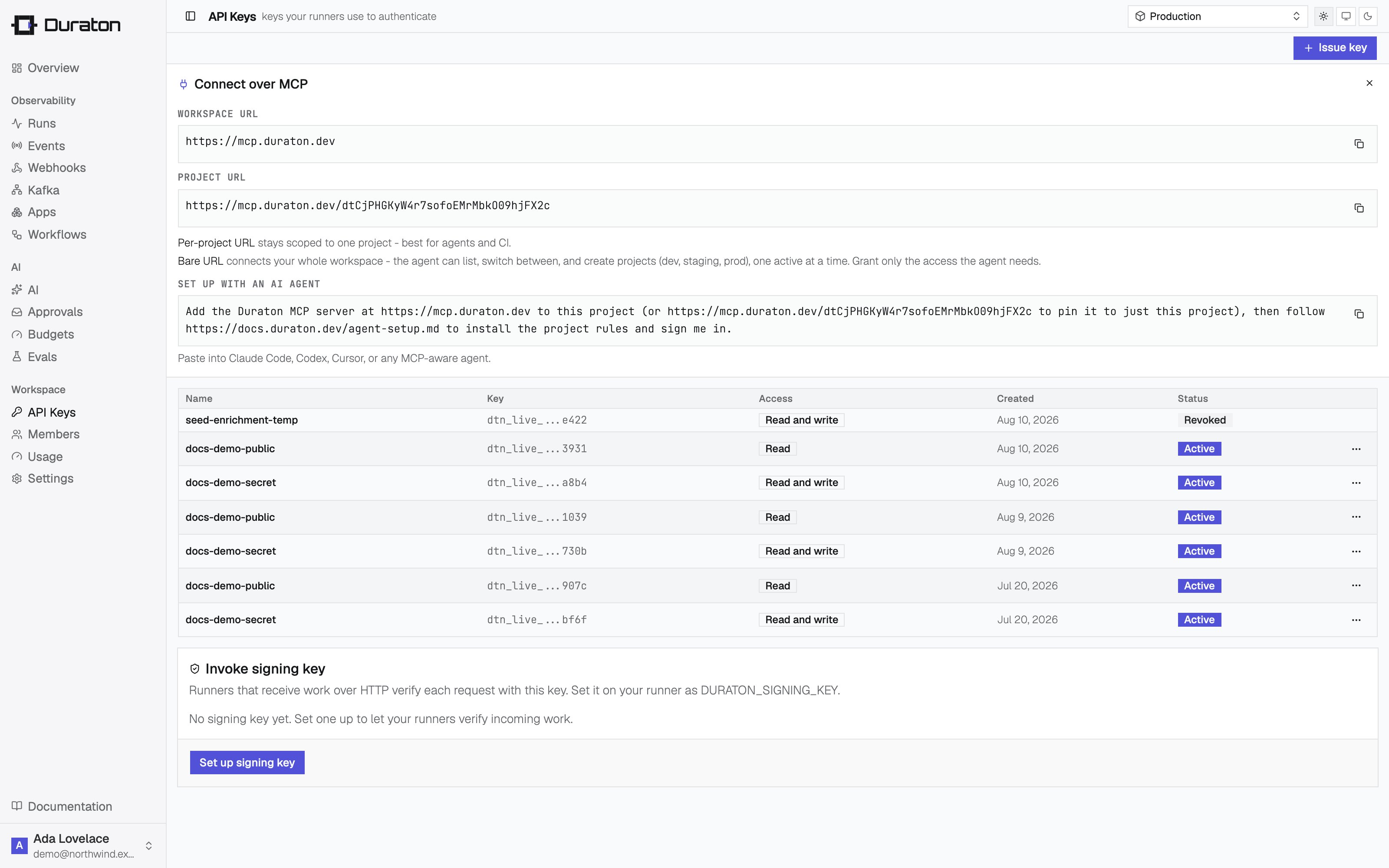 Issuing an API key in the console