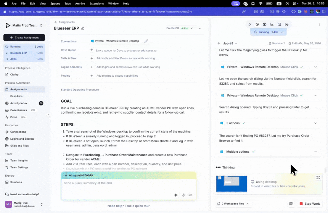 Live view showing a running Windows desktop Job