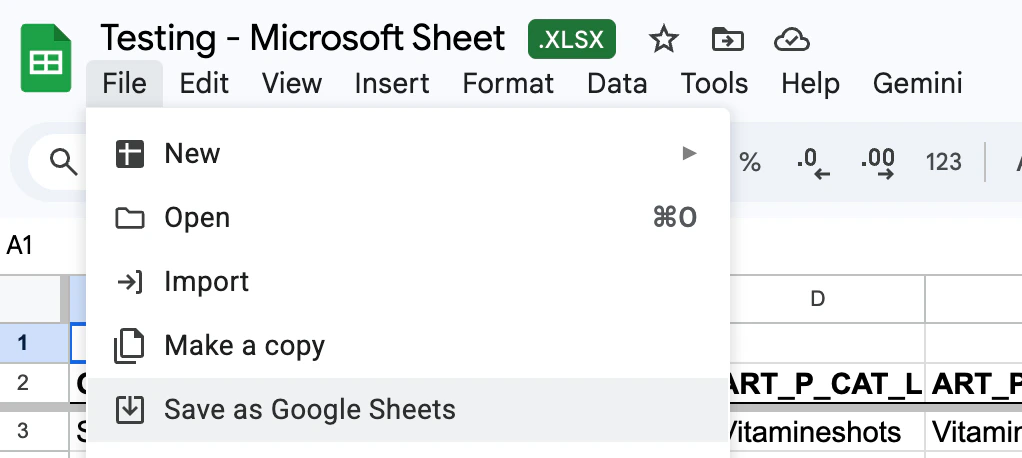 Save as Google Sheets option in the File menu