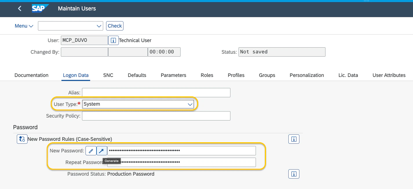 Entering technical user name in SU01