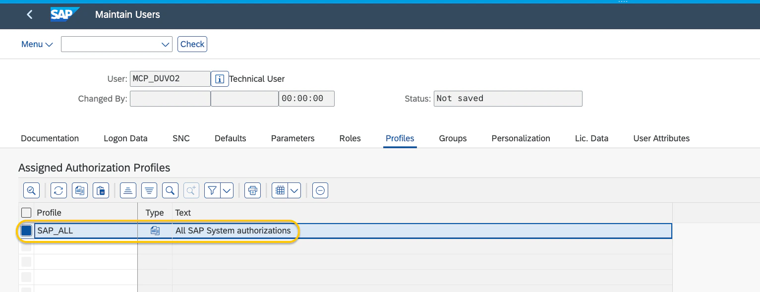 Assigning profiles or roles to the technical user
