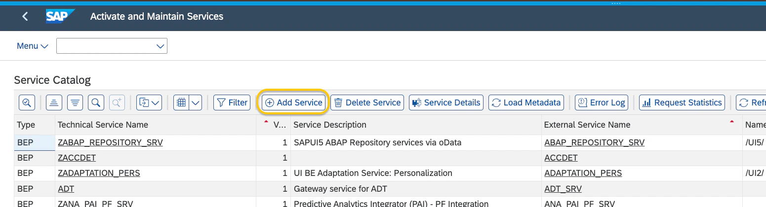 Add Service button in /IWFND/MAINT_SERVICE