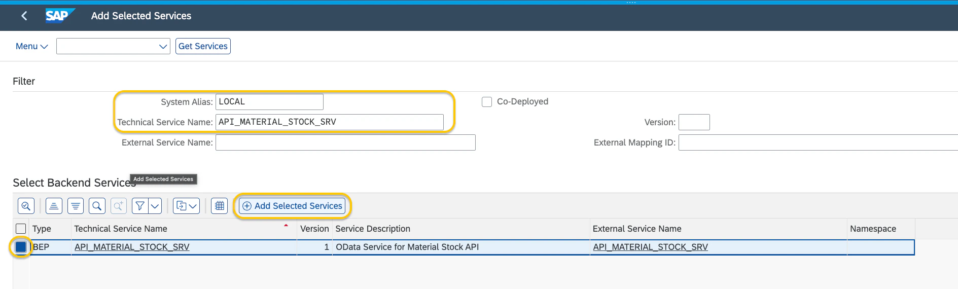 Selecting the service and clicking Add Selected Services