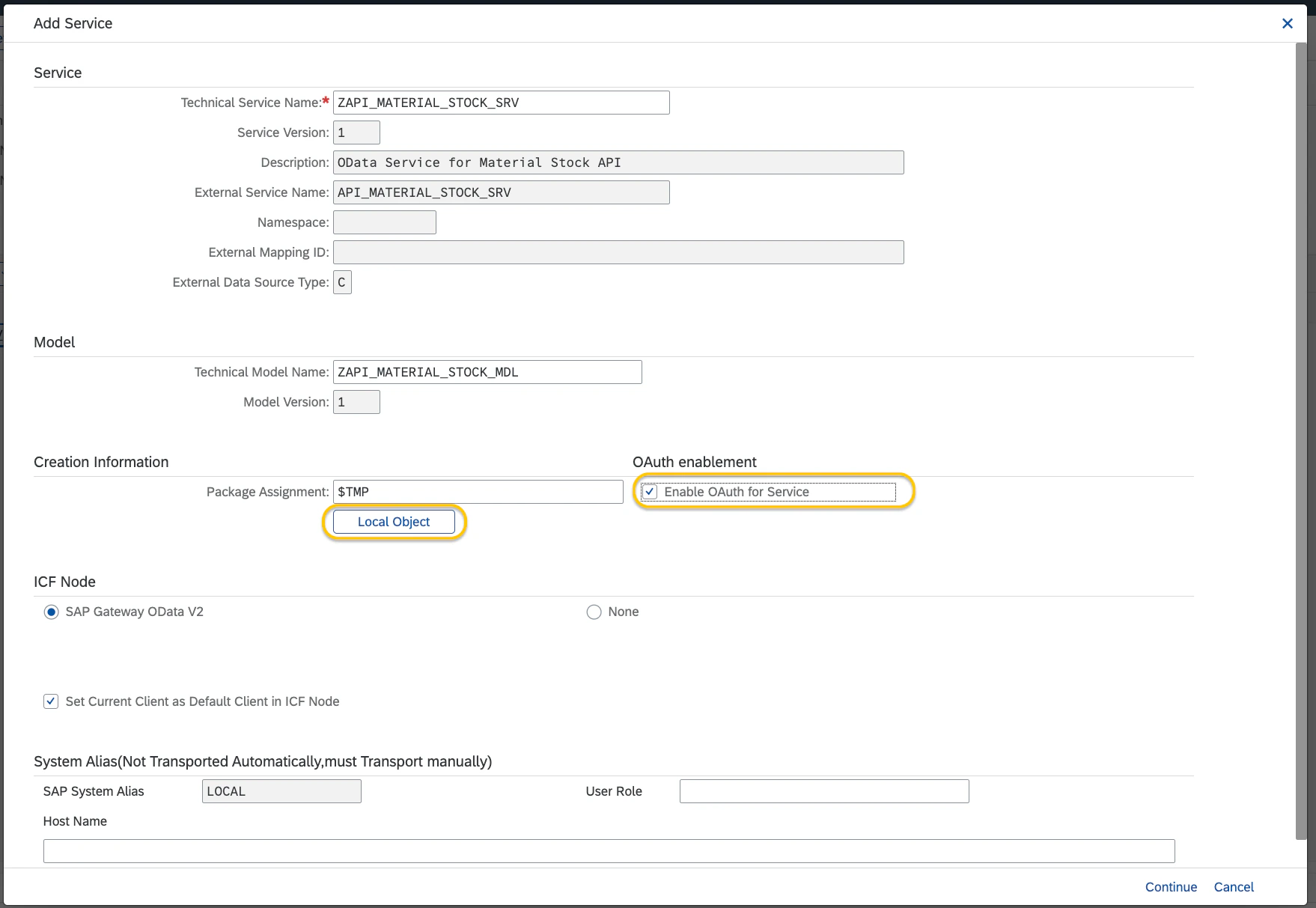 Add Service dialog with Enable OAuth checked