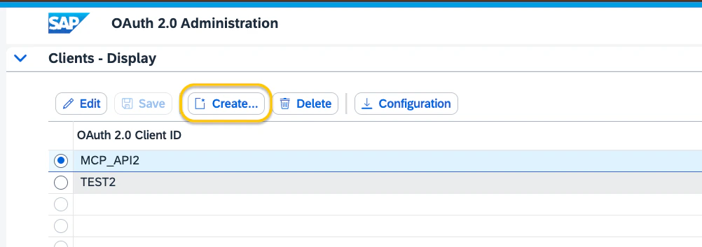 Clicking Create in OAuth 2.0 Administration