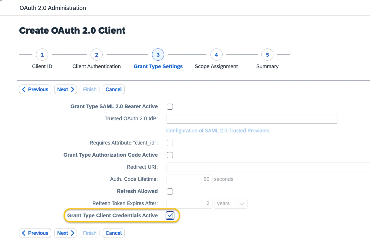 Wizard step 3 — Grant Type Client Credentials Active