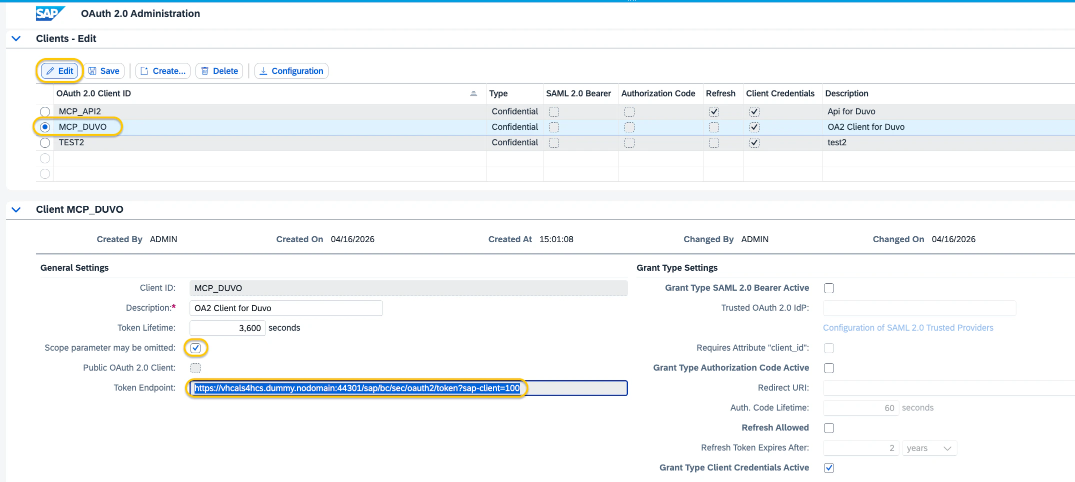 Copying the Token Endpoint URL