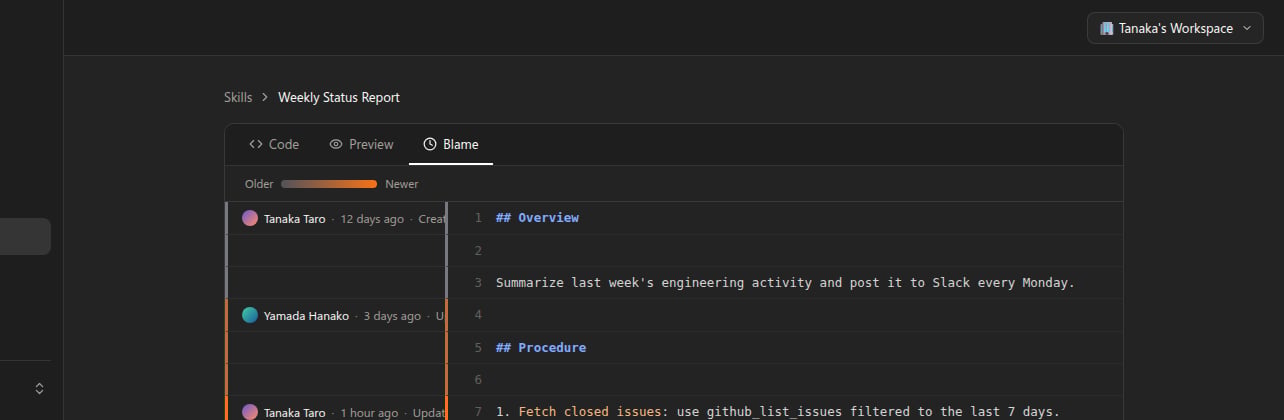 Blame tab showing line-by-line authorship and timestamps for a Skill's instructions, with an older-to-newer color gradient