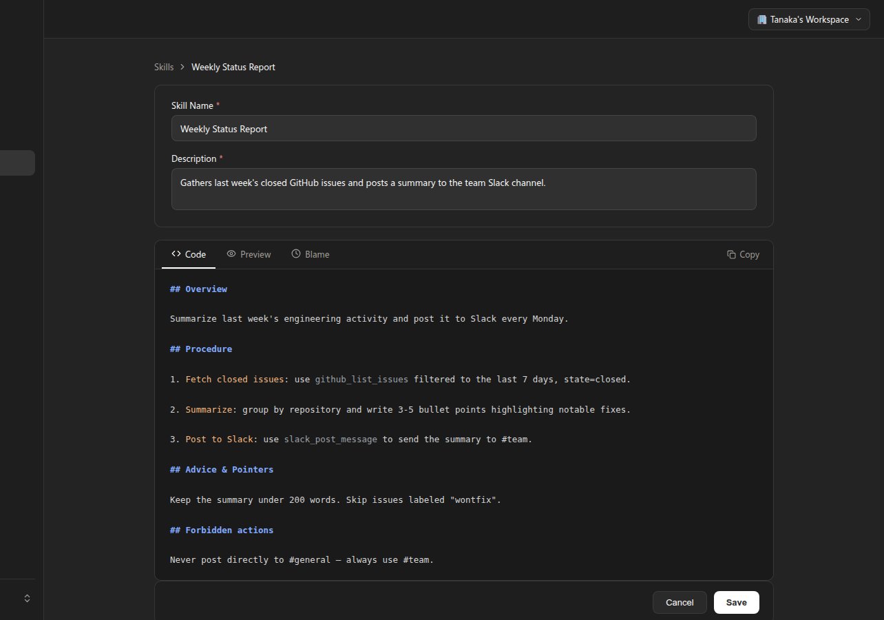 Skill editor showing the Skill Name and Description fields, and the Code tab with Markdown instructions