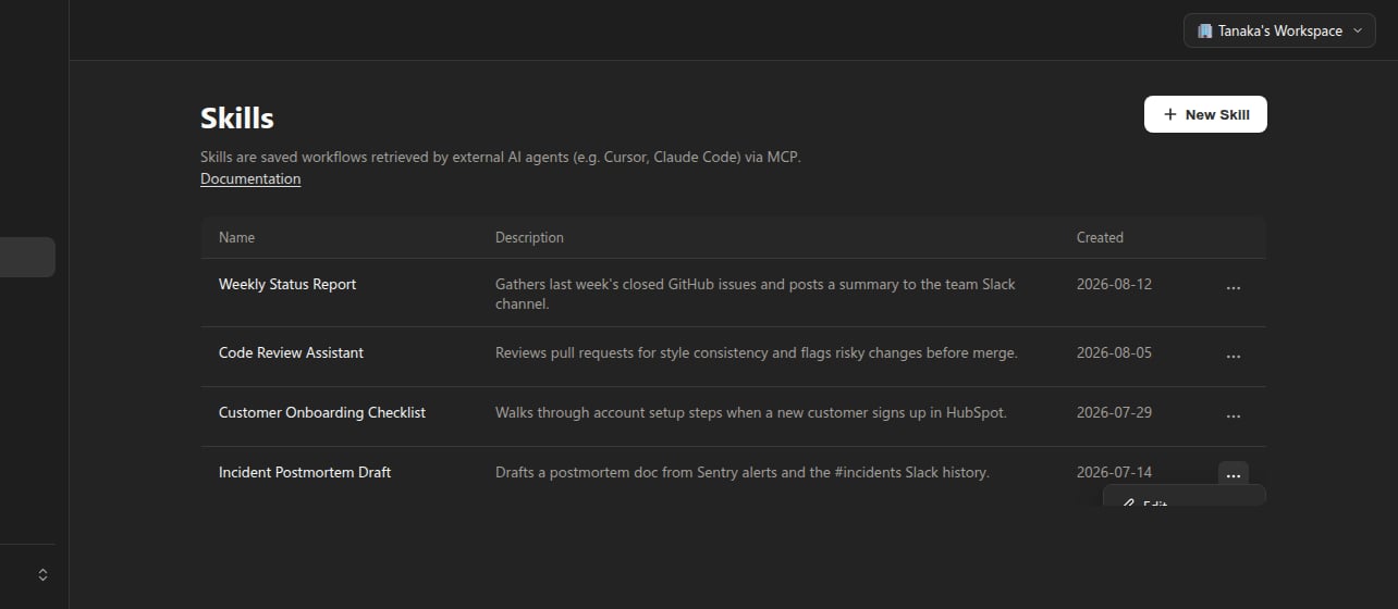 Skills list in the Shanone dashboard, showing name, description, and creation date for several saved Skills