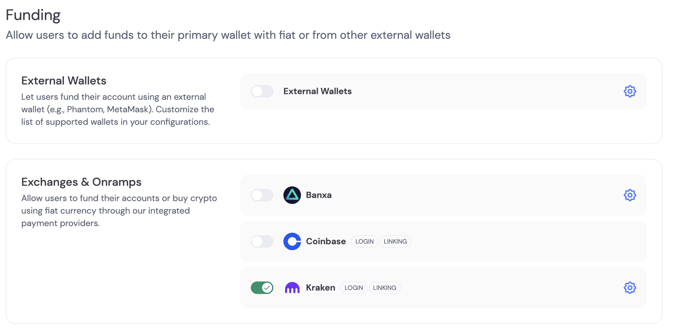 Dashbaord funding exchanges