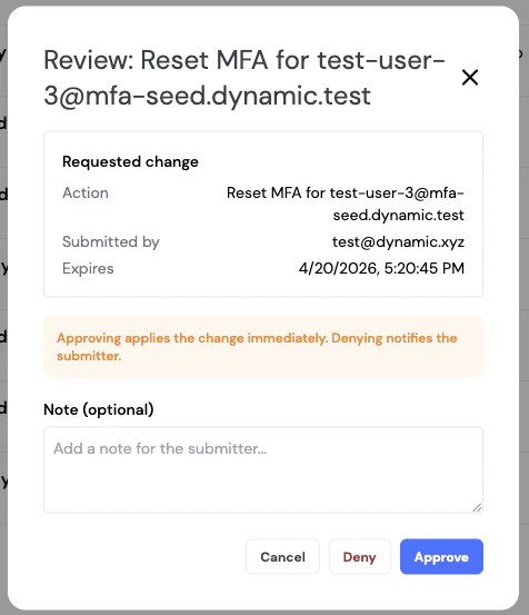 Review dialog for a pending MFA reset request