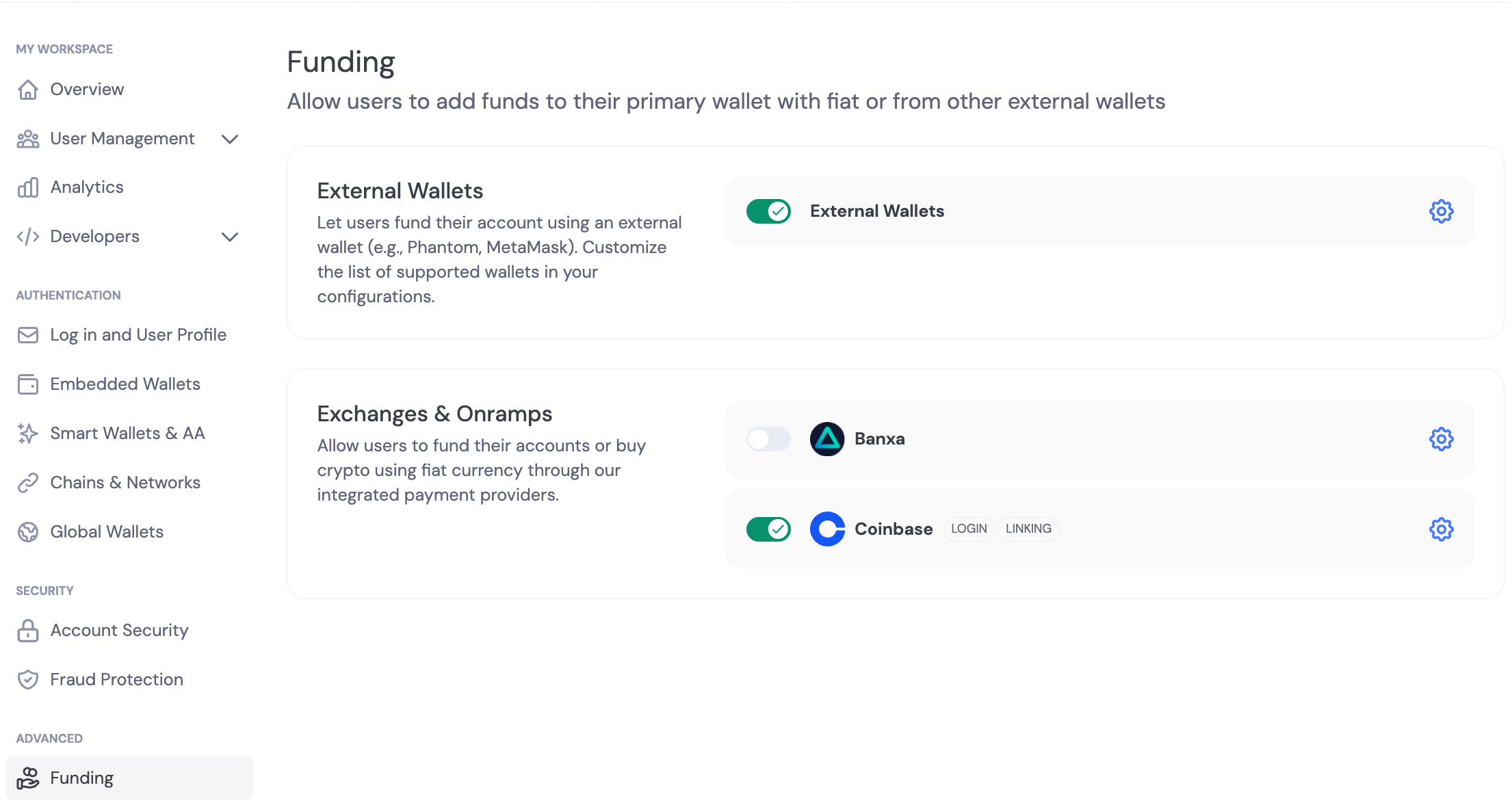 Dashbaord funding exchanges