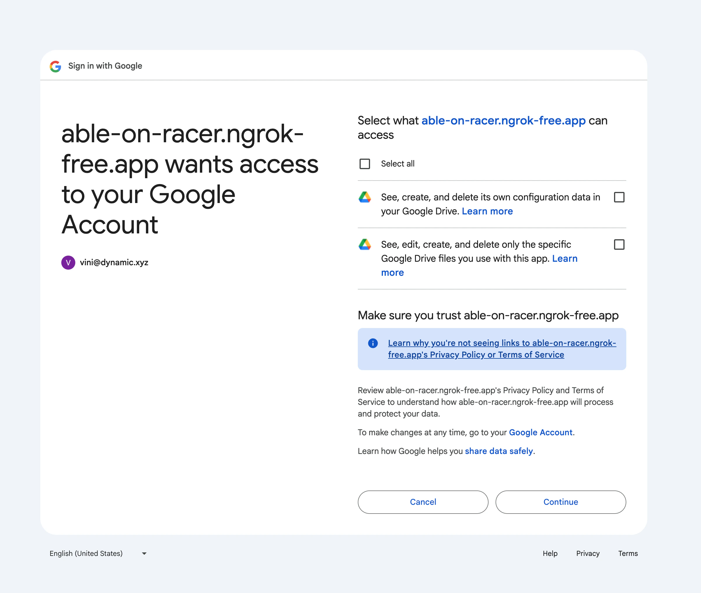 Google consent screen showing Drive scopes as unchecked opt-in boxes