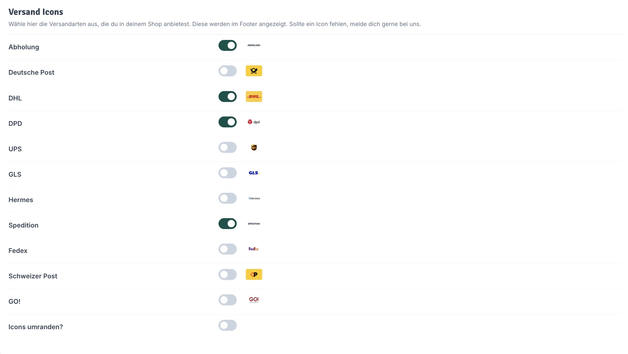 Versand Icons aktivieren
