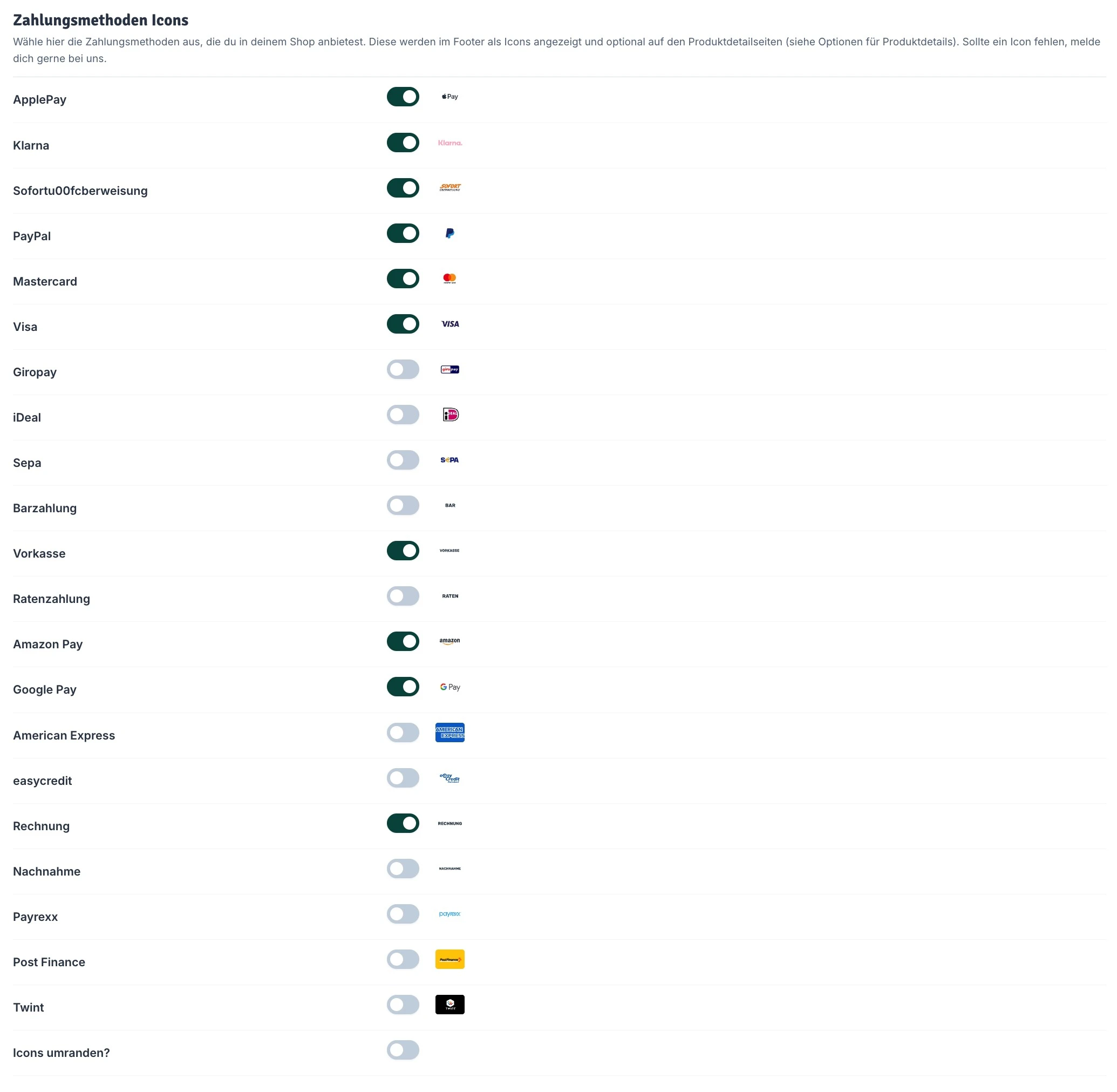 Zahlungsmethoden Icons aktivieren