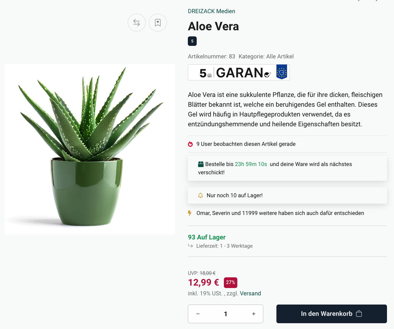 Garantie-Label auf der Artikeldetailseite