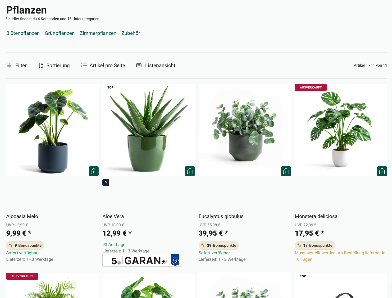 Garantie-Label in der Artikelliste