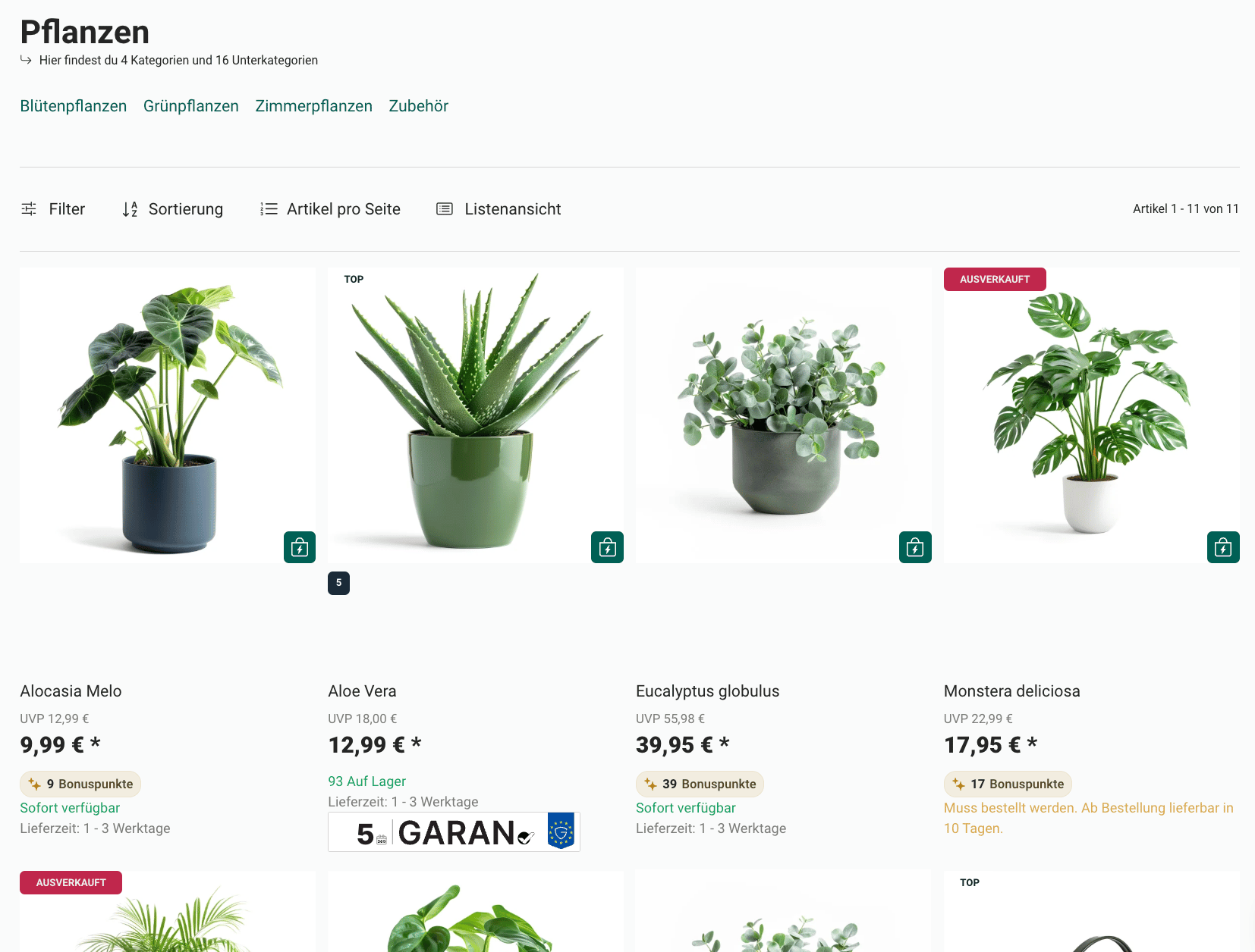 Garantie-Label in der Artikelliste