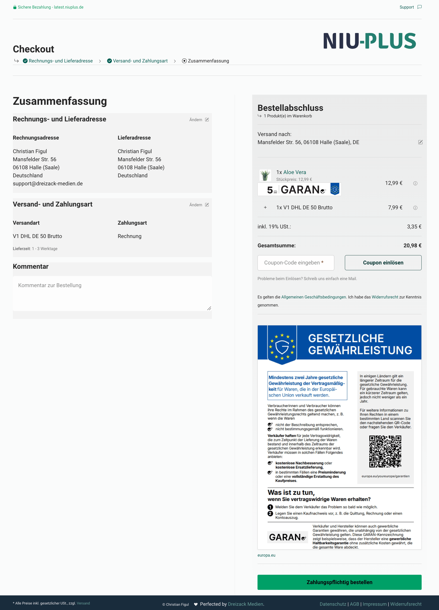 Gewährleistung beim Checkout