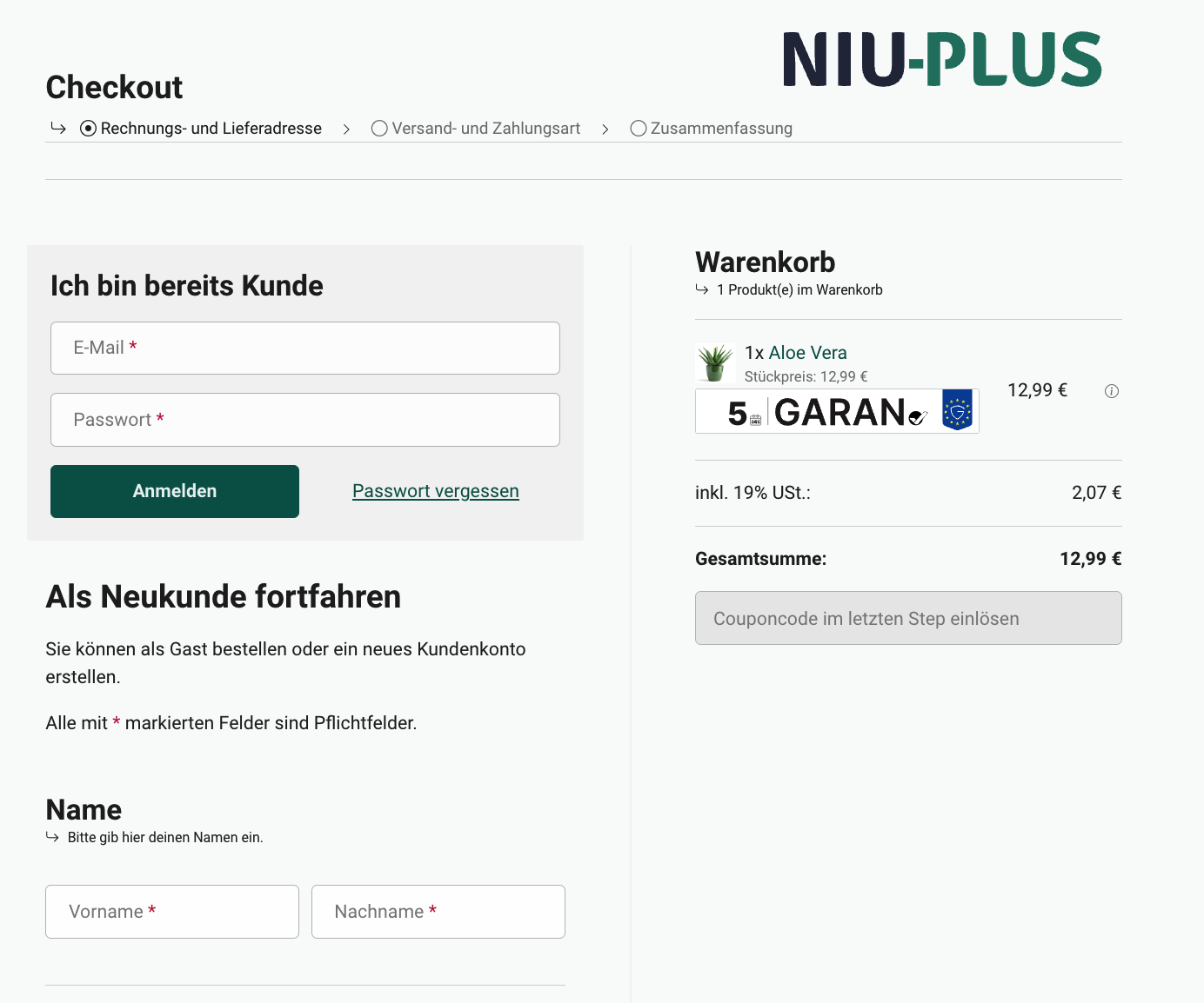 Garantie-Label in der Bestellübersicht