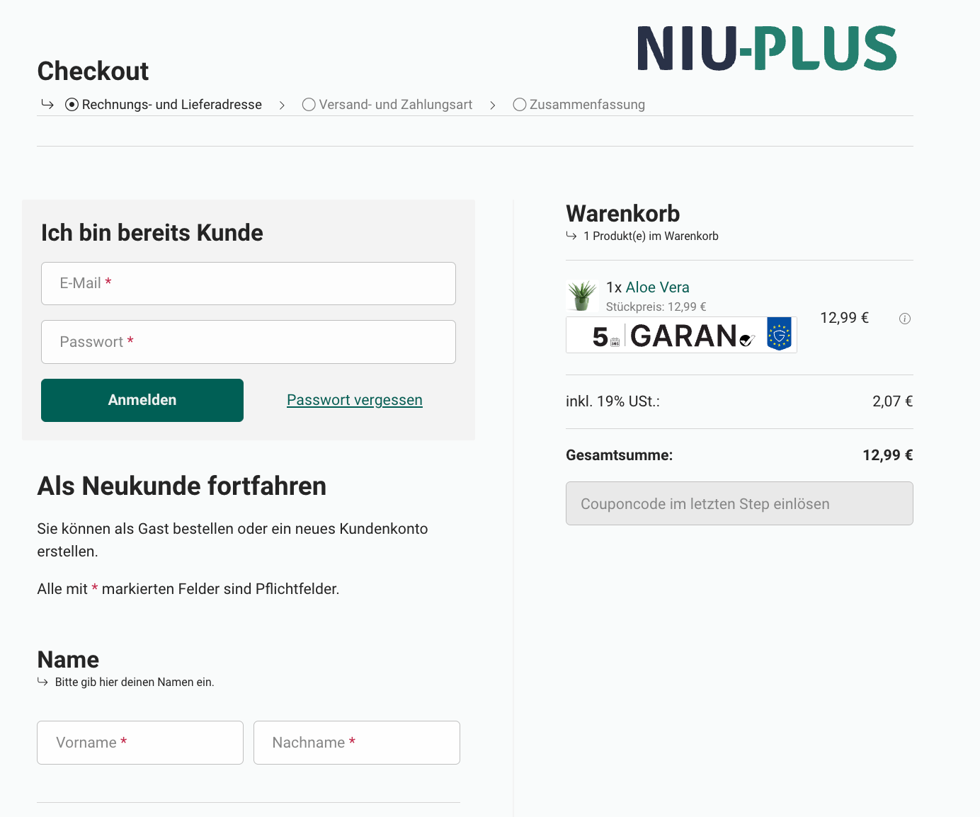 Garantie-Label in der Bestellübersicht