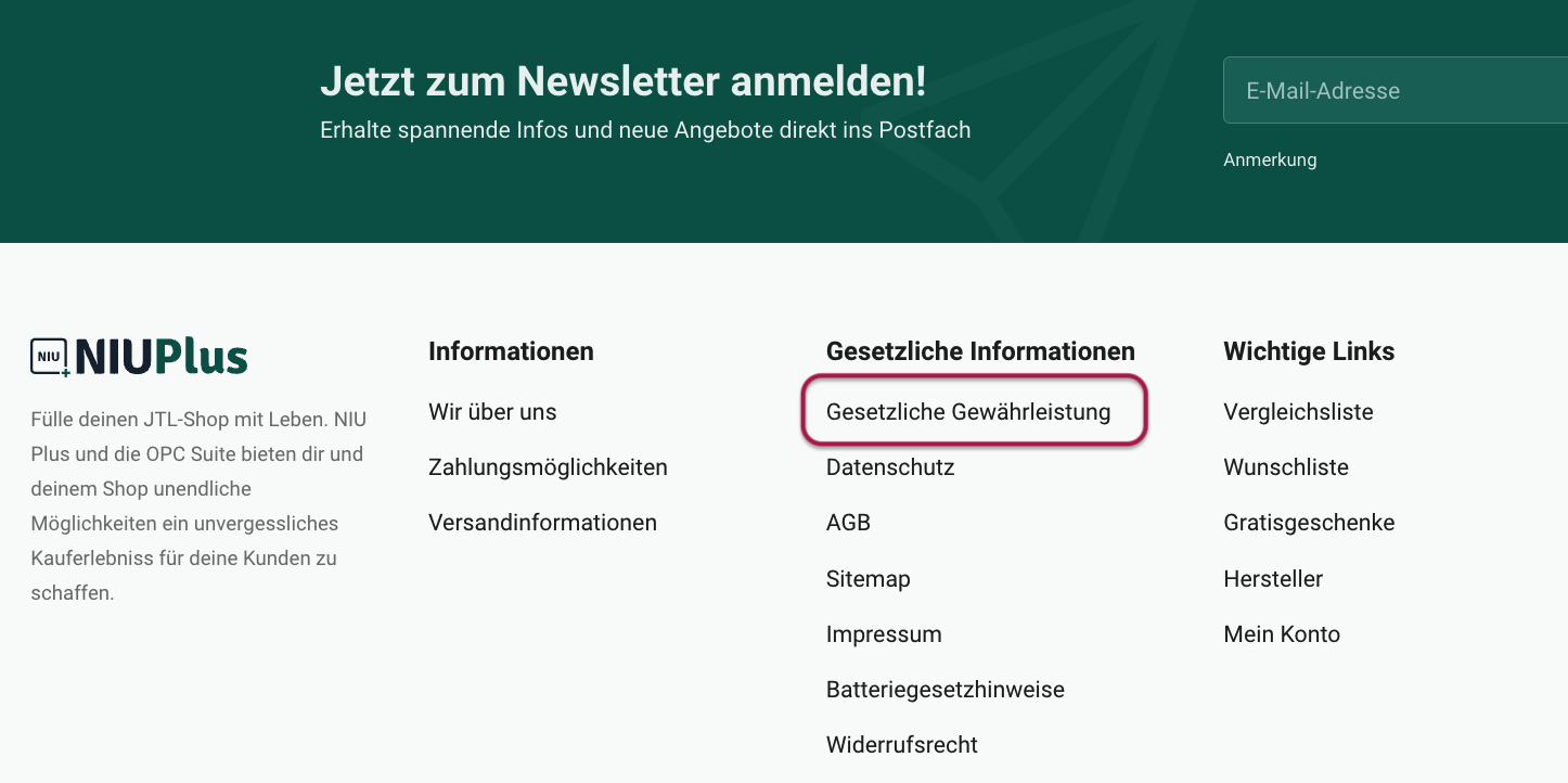 Gewährleistungslabel im Footer