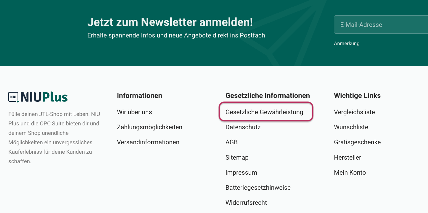 Gewährleistungslabel im Footer