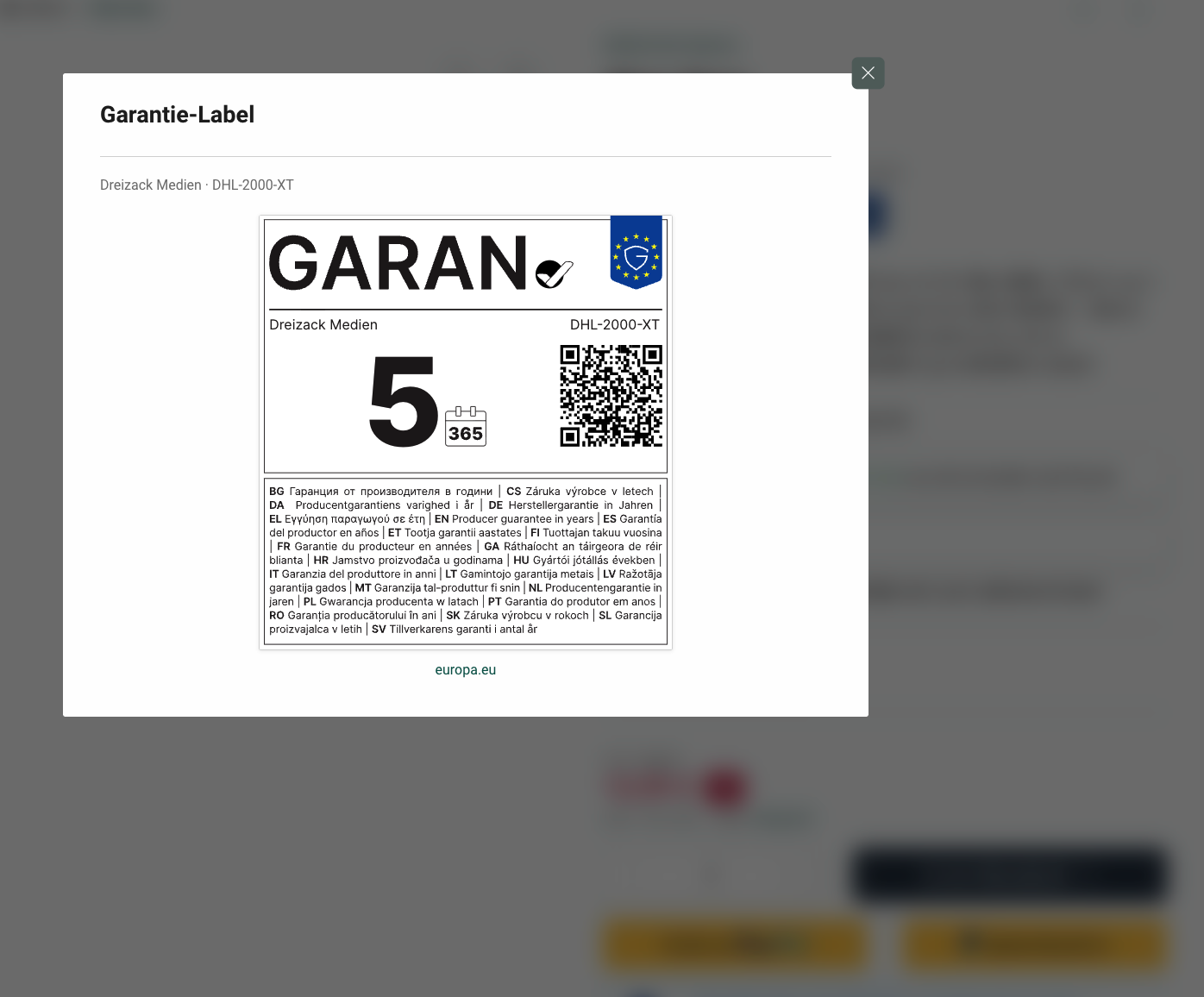 Garantie-Label Popup