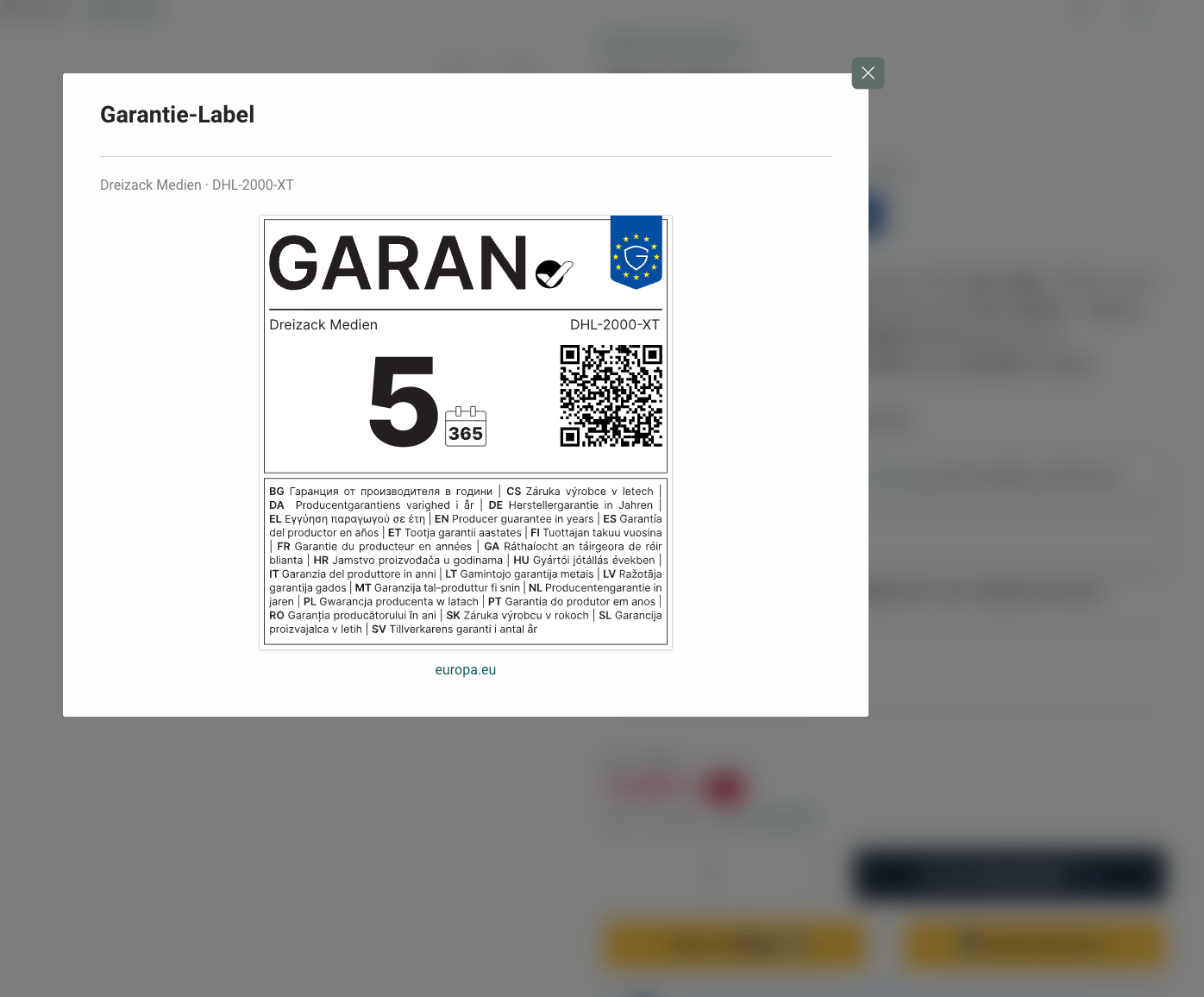 Garantie-Label Popup