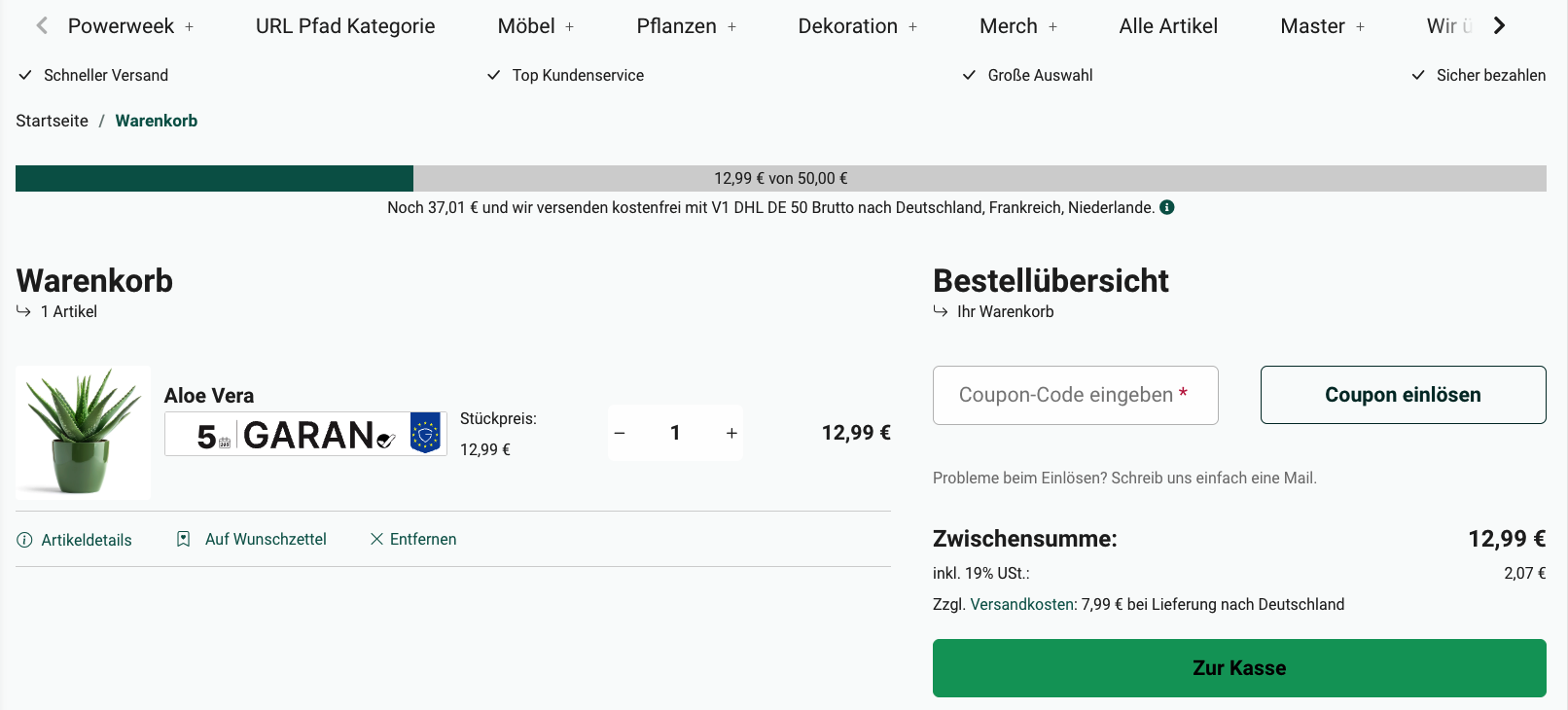 Garantie-Label im Warenkorb