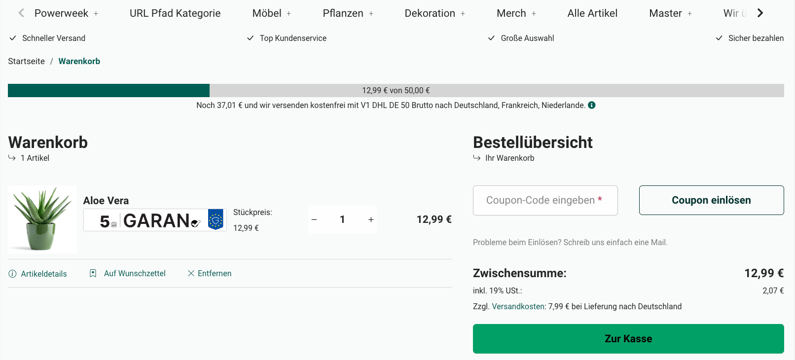 Garantie-Label im Warenkorb