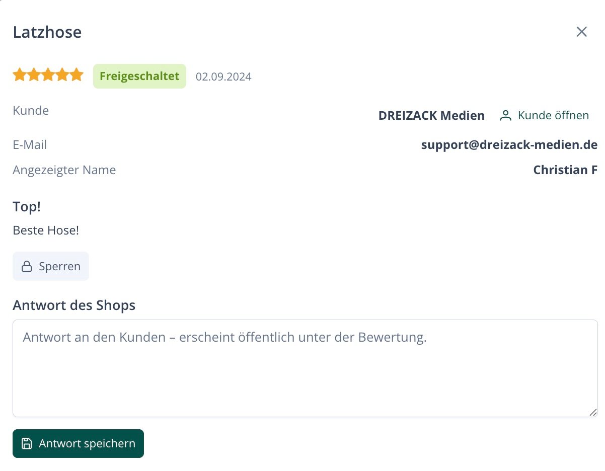 Bewertung Detailansicht mit Antwortfeld