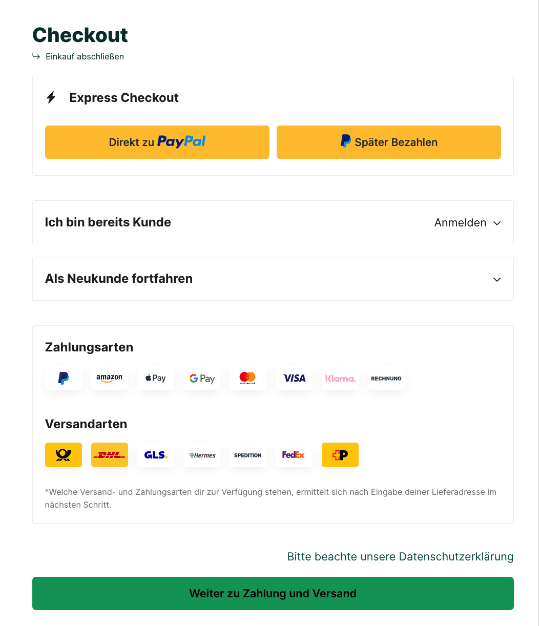Zahlungs- und Versandicons in eigener Box vor dem Button zum nächsten Schritt